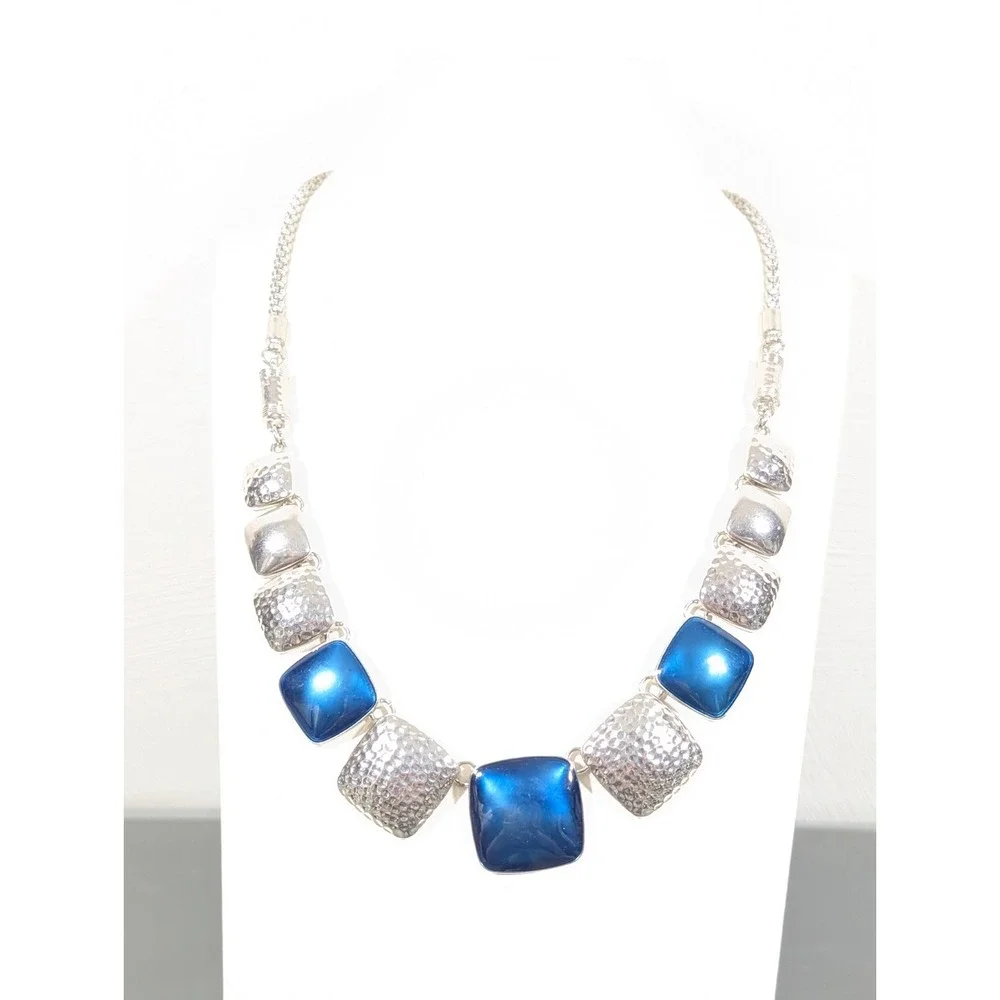 Blue‎ Enamel Hammered Statement Necklace Silver Tone Western Boho 22